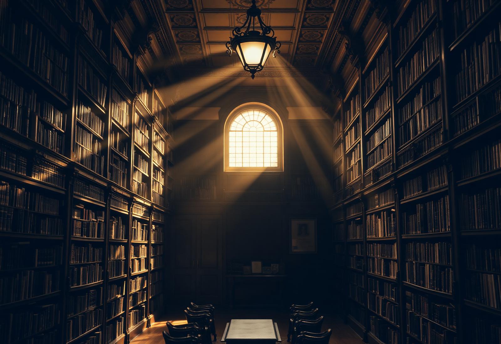A grand library reading room lit by afternoon light